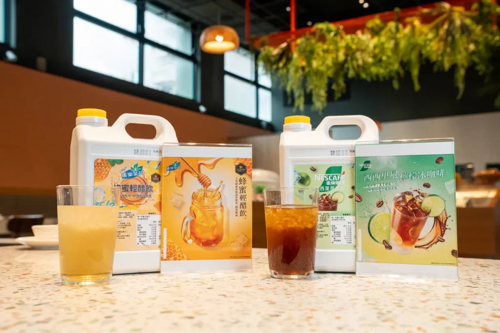 雀巢 TC40 冷飲機台提供蜂蜜輕醋飲、西西里風味檸檬咖啡等5款人氣飲品，一機滿足餐飲通路多元飲品需求。
