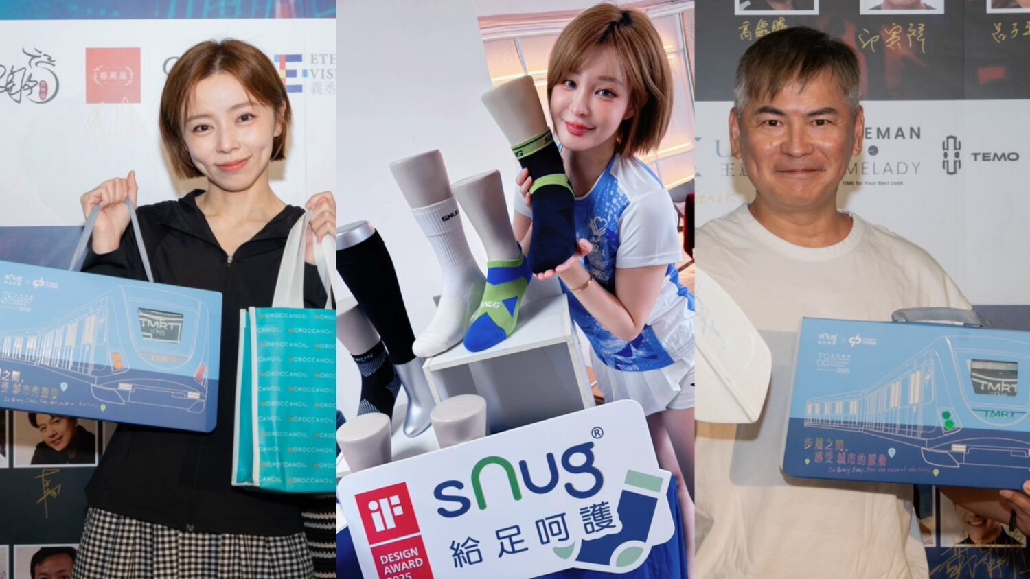 屢獲國內外大獎的台灣運動機能襪權威sNug也連續第二年站台支持,藝人王瞳(左)、孟慶而(中)、馬國賢(右)及運動員均為忠實愛用者。(圖/愛羽球協會提供)