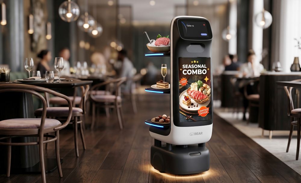 Bear Robotics Servi Q 送餐機器人於餐飲場域執行送餐任務，機身配有大型互動顯示螢幕，可作為移動式廣告載體。