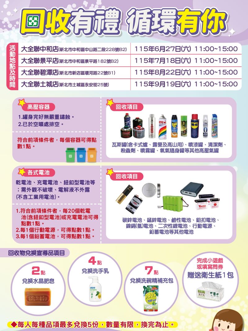 殺蟲劑罐、行動電源都有風險 新北〈安全回收〉活動拿好禮 48 《圖說》高壓容器及電池兌換活動資訊。〈環保局提供〉