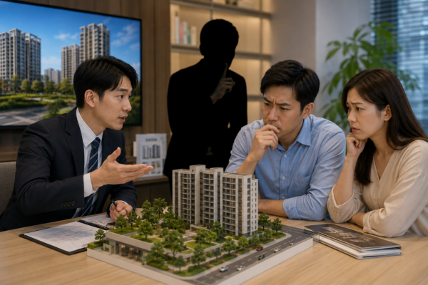 預售屋銷售情境示意圖,呈現建商銷售人員向購屋民眾介紹建案模型,象徵購屋資訊揭露與消費者知情權議題。(AI生成示意圖)
