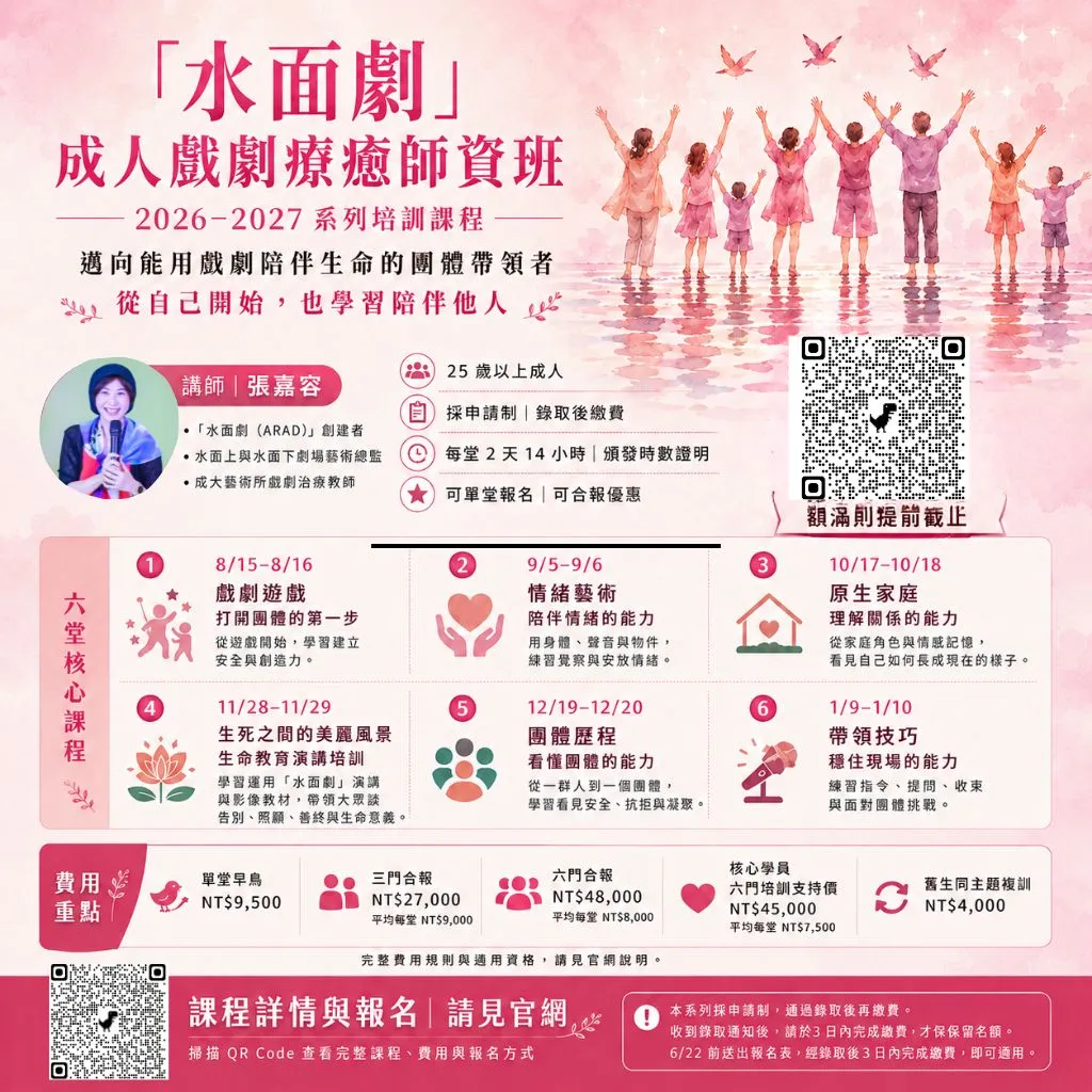 「水面劇」(Aqua Round Assembly Drama) 由張嘉容結合戲劇治療、表演藝術與社會參與式藝術理念,在多年本土實踐經驗中,逐步發展出的「戲劇創作類型」與「團體工作方法」