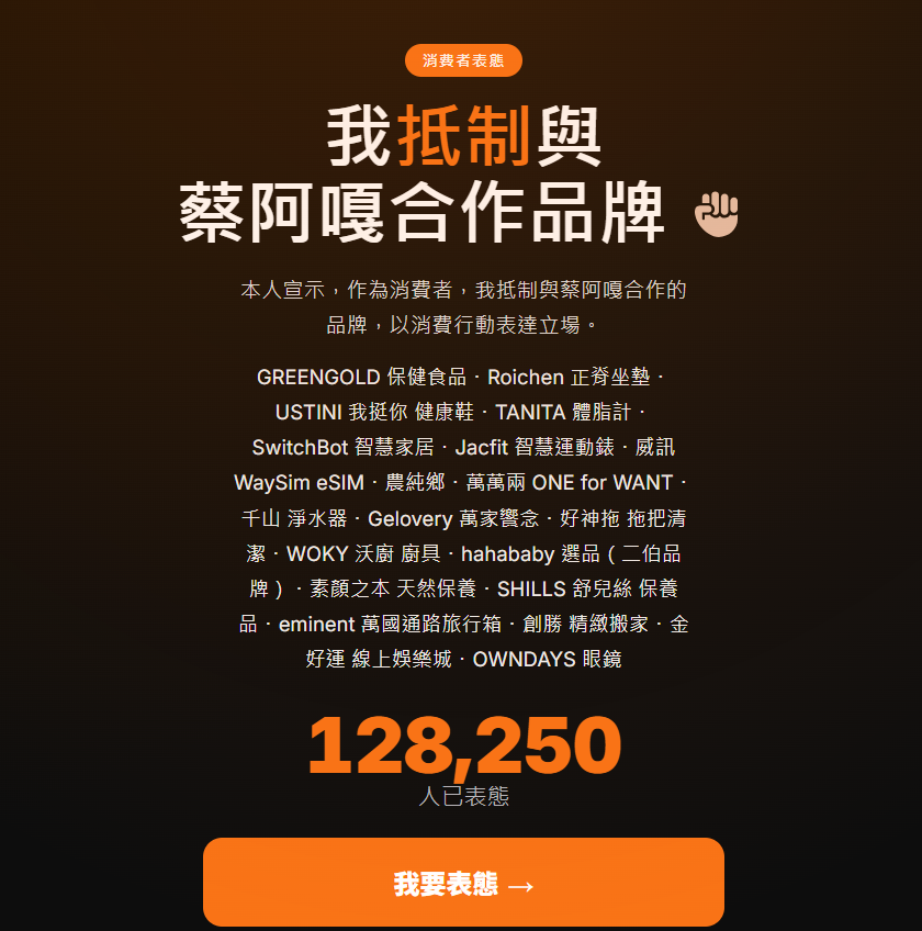 蔡阿嘎合作的20多家品牌被點名,已超過12萬名網友表態抵制。