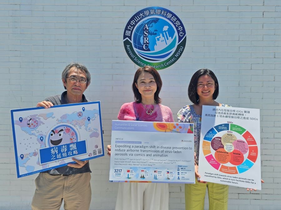 ▲國立中山大學研究指出,相較於純文字,漫畫與動畫透過角色互動、情境故事與視覺化表達,能降低複雜科學概念的理解門檻,使複雜的病毒氣膠傳播機制更容易被理解與記憶。左起中山大學西灣學院副教授李育諭、氣膠科學研究中心主任王家蓁、教育所教授謝百淇。