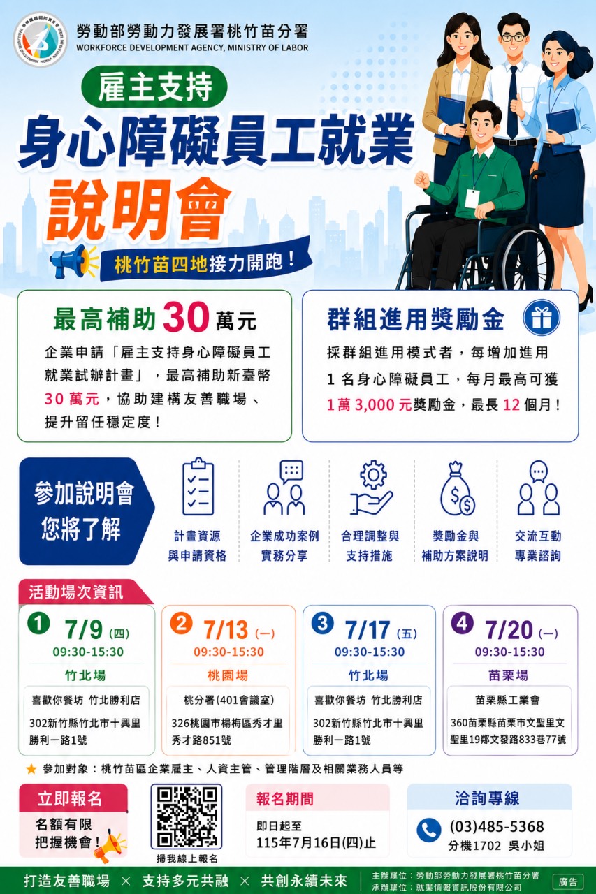 桃竹苗分署助身心障礙者穩定就業 7/9起辦理企業補助說明會 S 151519318