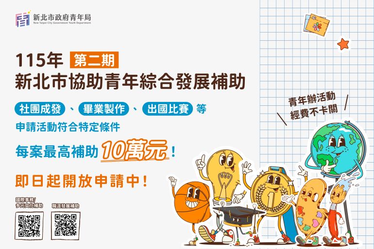 新北再推補助青年逐夢 團體最高10萬元 44 《圖說》「新北市青年綜合發展補助」第2期即日起開放申請,符合申請資格,個人最高補助2萬元、團體最高補助10萬元。〈文化局提供〉