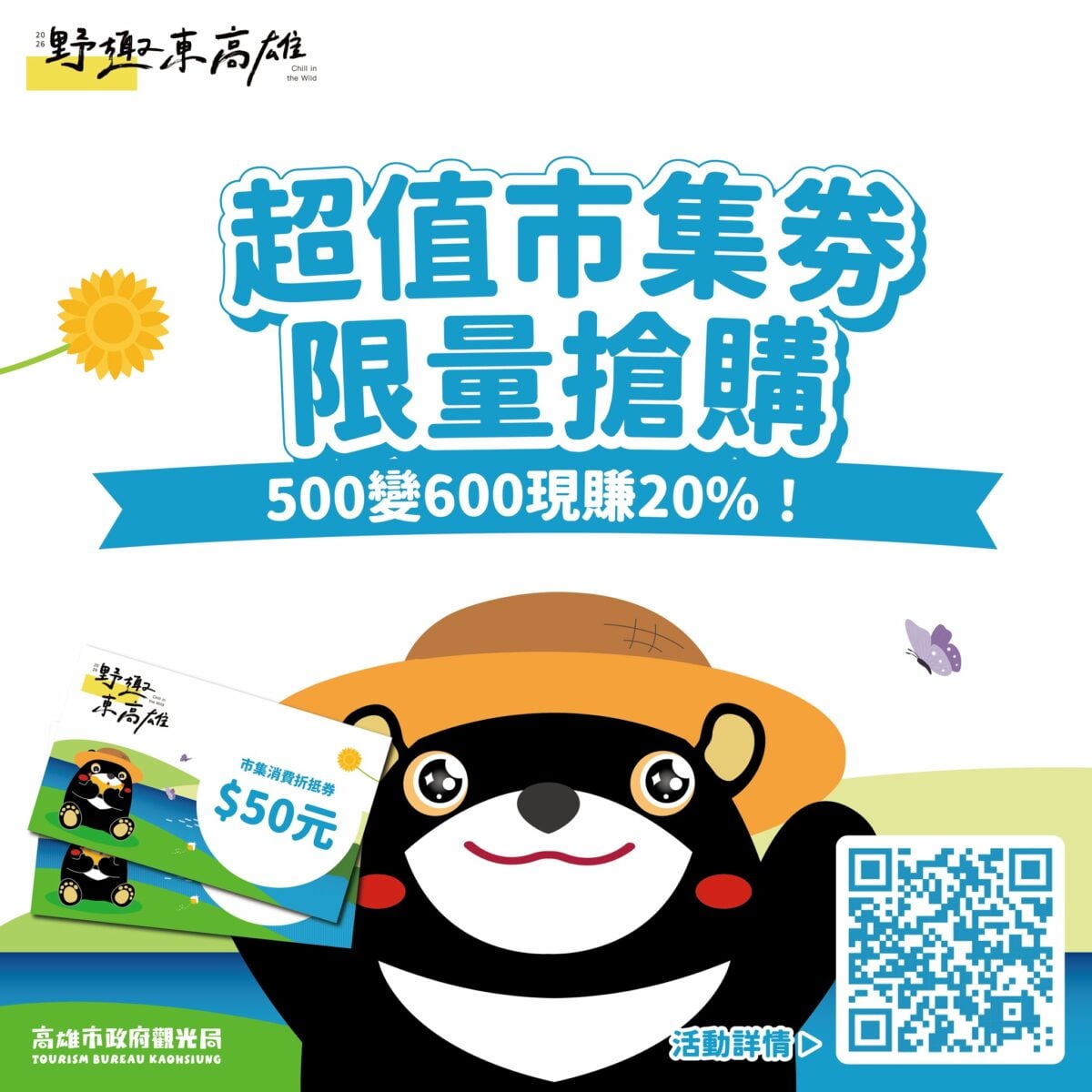 ▲活動推出滿額抽14吋小行李箱、憑東高雄合法住宿送百元市集券,以及限量搶購現賺20%加碼金等多重福利。