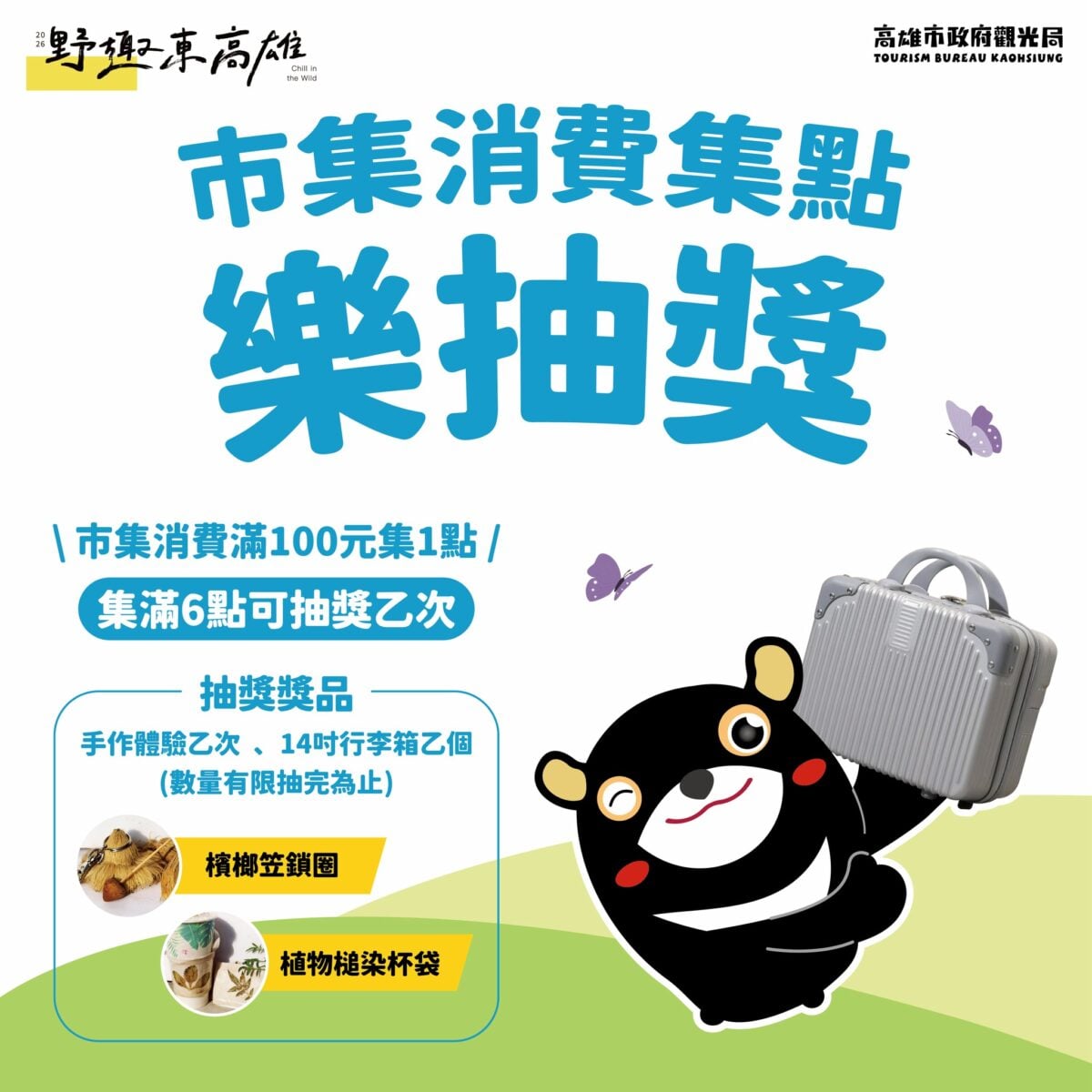 ▲活動推出滿額抽14吋小行李箱、憑東高雄合法住宿送百元市集券，以及限量搶購現賺20%加碼金等多重福利。