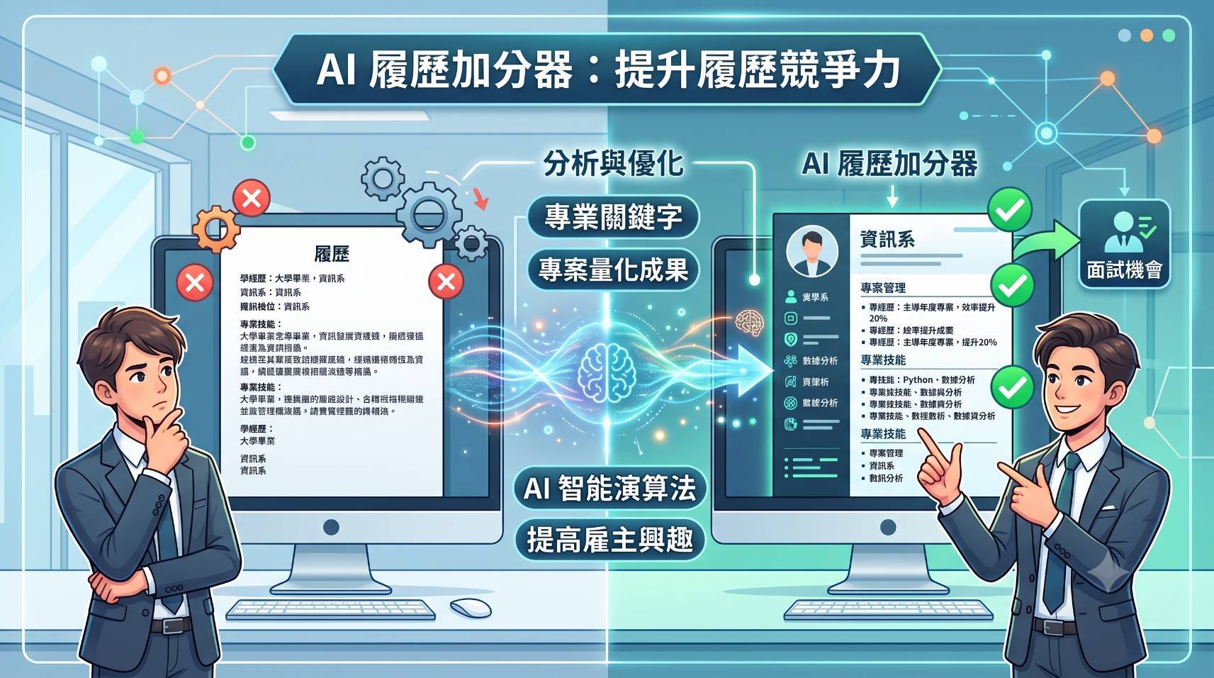「AI履歷加分器」讓求職者找出容易被忽略的亮點,提升履歷競爭力。(圖/AI生成)