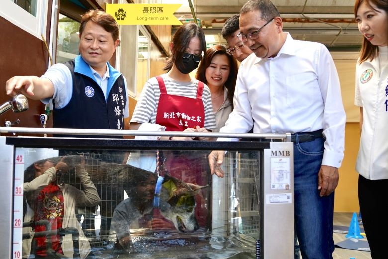 《圖說》長照犬使用水療機，市長侯友宜為犬隻加油鼓勵。〈動保處提供〉