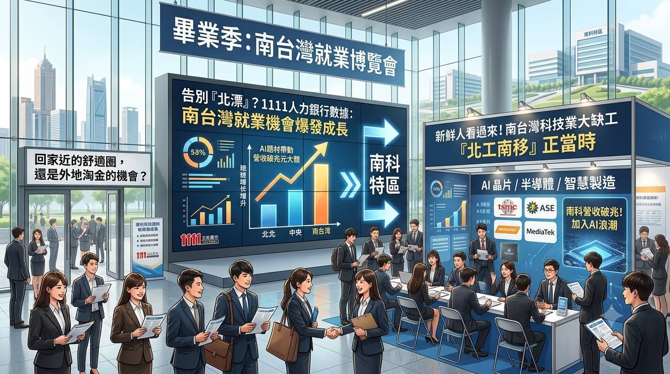 1111人力銀行盤點比較「北、中、南」三大區域工作機會數,發現南部工作機會成長速度驚人。(圖/AI生成)