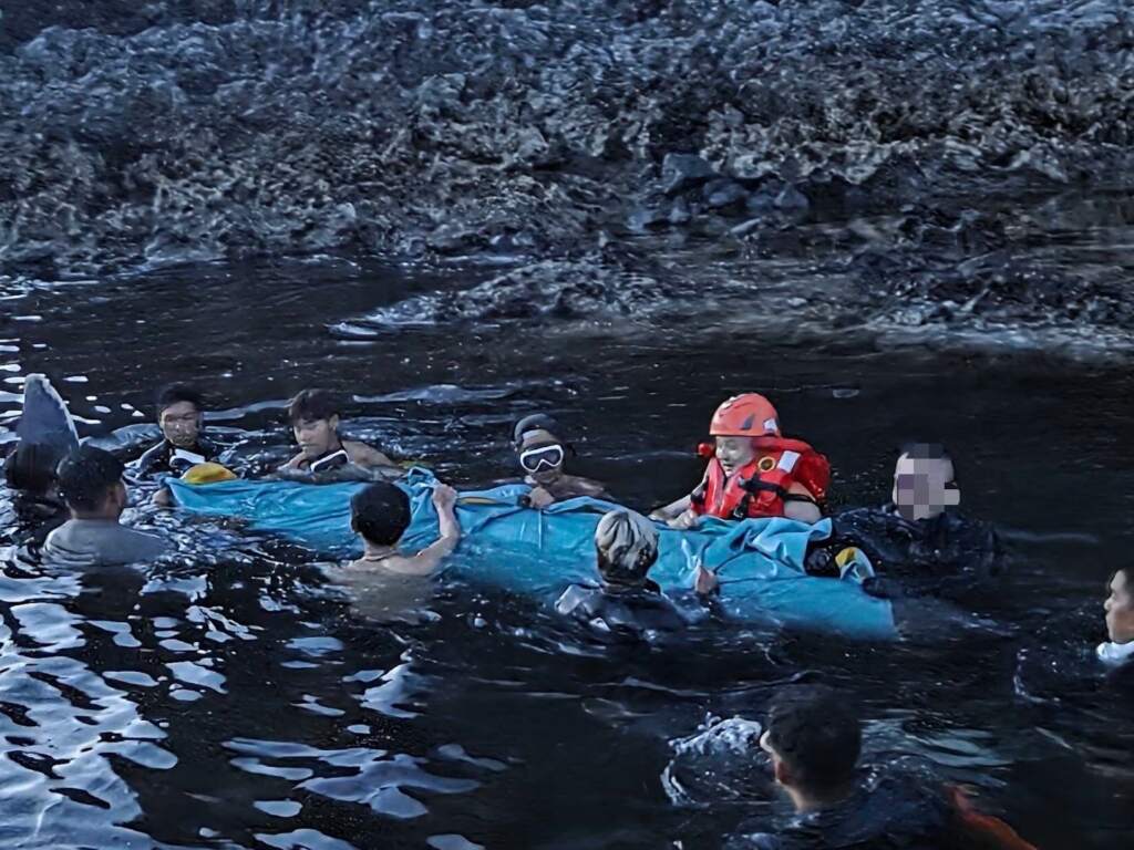 ∆綠島柚子湖有活體鯨豚擱淺待援,海巡署第十巡防區指揮部接獲民眾通報後,派遣綠島安檢所同仁攜帶鯨豚救援裝備趕往現場實施搶救。(圖/海巡署東部分署第一三岸巡隊提供)
