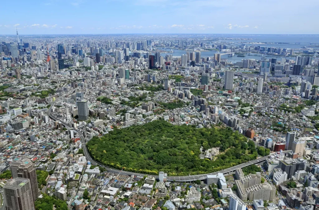 從空中俯瞰的自然教育園全景。周圍被都市建築環繞，仍清晰可見的大片完整綠地，彷彿一片都市綠洲。圖片提供：國立科學博物館附屬自然教育園
