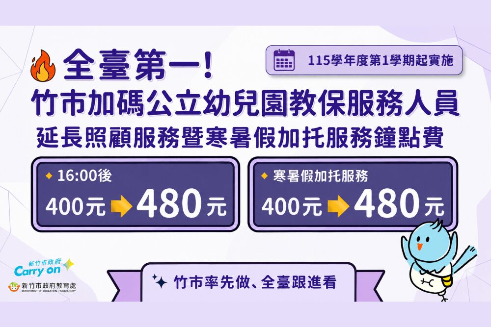 高虹安率全國之先 新竹市公幼延長照顧鐘點費調升至480元 268 照片來源:新竹市政府