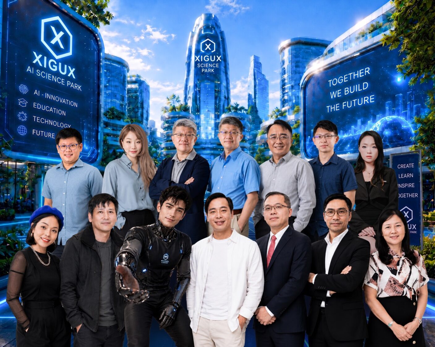 園區發展團隊總召伍丞令(前中 )宣布,未來將於桃園規劃建設兼具科技研發、人才培育、產業合作、創新資本及國際交流功能的AI數位創新基地,打造台灣連結全球AI與數位創新的重要合作平台。(圖/XIGUX團隊提供)