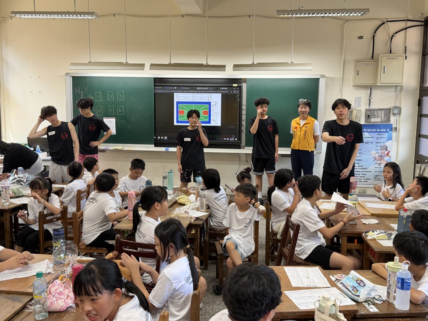 赴美留學返台青年志工以全英語互動方式帶領課程,透過情境式教學、籃球專業術語及團隊合作,引導學童在自然環境中快樂學習英文。(圖/記者林照東攝)