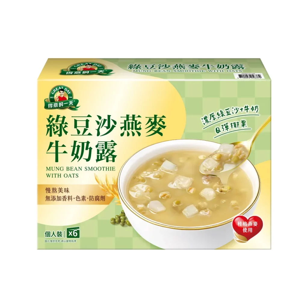 得意的一天 「綠豆沙燕麥牛奶露」濃厚綠豆沙牛奶配上燕麥與椰果嚼感,三無添加的隨開即飲台式甜點」