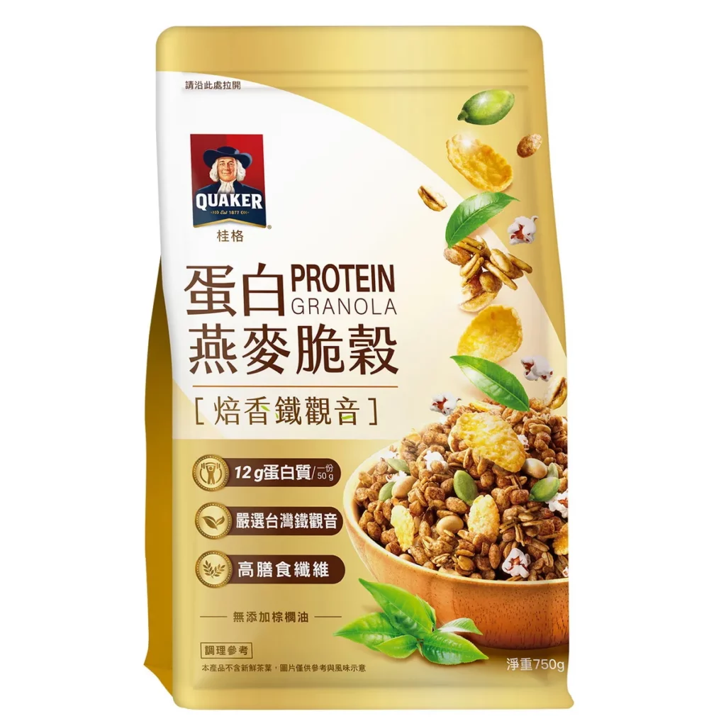桂格「蛋白燕麥脆穀-焙香鐵觀音」每份 12g 高蛋白結合台灣鐵觀音茶香,從早餐到點心都能輕鬆補蛋白