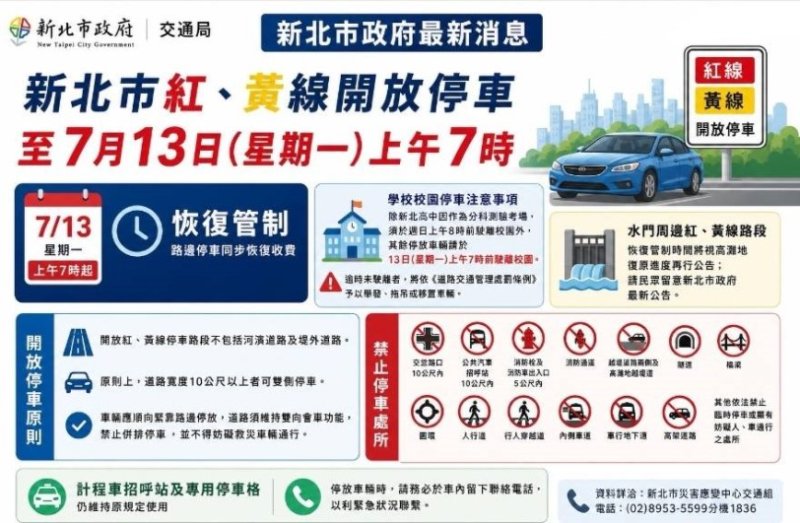 新北市紅、黃線開放停車至13日上午7時