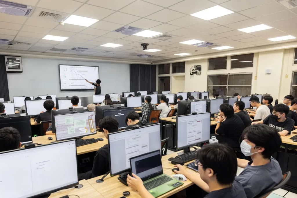 AI PC教室導入ViewSonic ViewBoard互動顯示器與myViewBoard沉浸式數位白板系統,支援教師即時講解、教材標註及互動討論,打造更具互動性與協作性的AI實作教學環境。