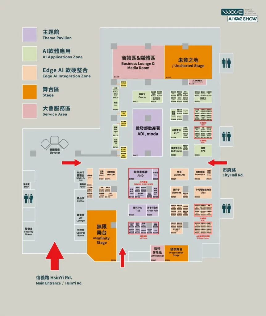 呼應產業布局 AI 的發展浪潮， AI WAVE SHOW 2026 現場展區規劃「Agent（代理）」、「Edge（邊緣）」與「國際級主題館」三大展區，超過百家 AI 軟硬體供應鏈廠商參與。
