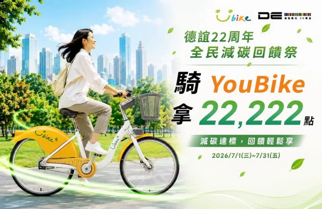 德誼數位攜手 YouBike 推出「全民減碳回饋祭」，鼓勵民眾在日常生活實踐低碳交通，將每一次行動轉化為對環境友善的動力