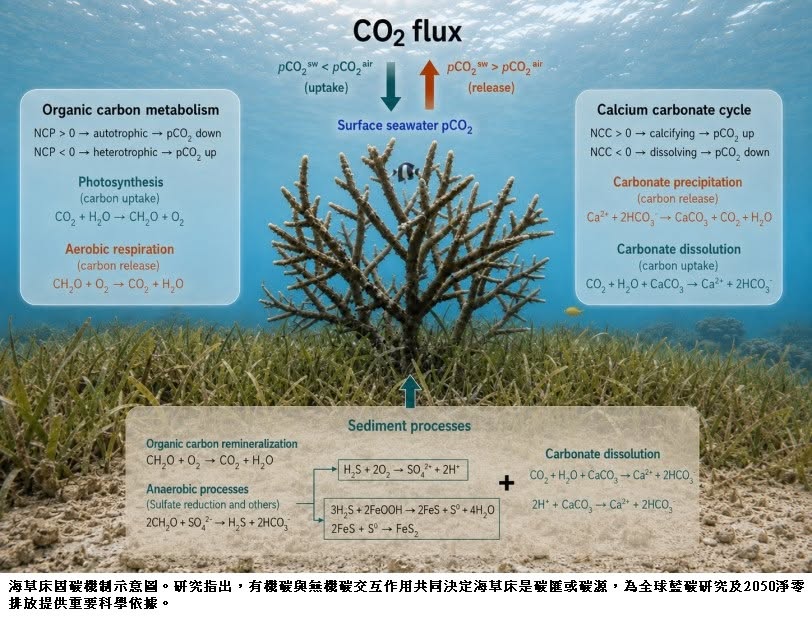 可能是顯示的文字是「 Organic carbon metabolism NCP autotrophic pCO, down NCP heterotrophic → pCo, up CO2 flux pC02' pC02 IT pC02 pCO2 (uptake) (release) Surface seawater pCO2 Photosynthesis (carbon uptake) CH,0+ Calcium carbonate cycle NCC calcifying pCO2 up NCC<0- dissolving → pCO2 down Aerobic respiration (carbon release) CH, +02 CO, Carbonate precipitation (carbon release) Ca2*+ +2HCO CaCo H,o Carbonate dissolution (carbon uptake) CO, +HO+CaCO Ca2+ 2HCO Organic carbon remineralization CHO CO2 H,o Sediment processes Anaerobic processes (Sulfate reduction and others) 2H,0+2-H,+2Ho; 2CH0+ 2H* Carbonate dissolution CaCO +Ca2+ 2HCO 3H,S+2Fe00H-2FeS+S+4H,0 3H,S 2FeS+ +4H,0 2FeS SFeS 2H* CaCO, 2HCO 海草床国碳機制示意图 研究指出 共结出，有職微與点家藏安互作用共肯決定海草床是就健或賞源 為全球藍碳研究及2050淨零 排放提供重要料學依據。」的圖像
