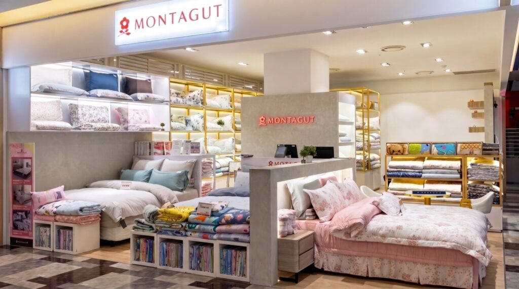 美地居家寢具全台百貨專櫃與門市約40多間，並在各大百貨設有MONTAGUT、IN HOUSE、GOLDEN-TIME專櫃。圖/美地居家寢具提供