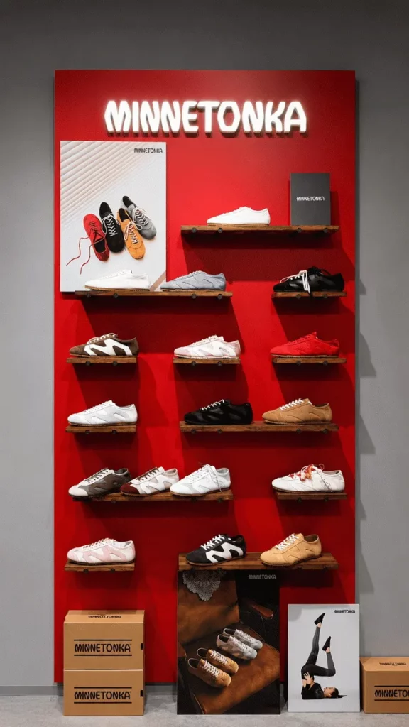 獨家總代理 MINNETONKA 品牌經典紅磚形象牆，首發 MS70 復古德訓鞋秀泰生活樹林店3F獨家販售。