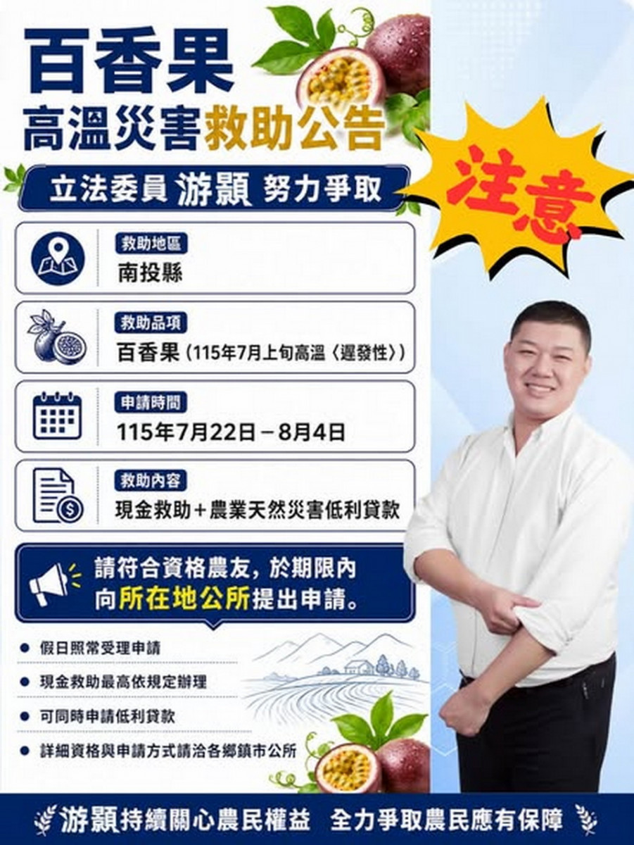 立委游顥爭取百香果納入災害現金救助。（游顥服務處提供）