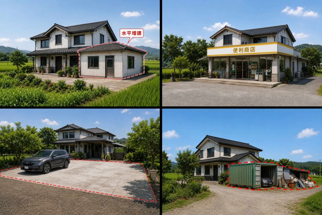 Freecompress 農地違規使用常見增建、改為商店、鋪設水泥、放置貨櫃屋等四種樣態，AI生成示意圖。新北市政府地政局提供。