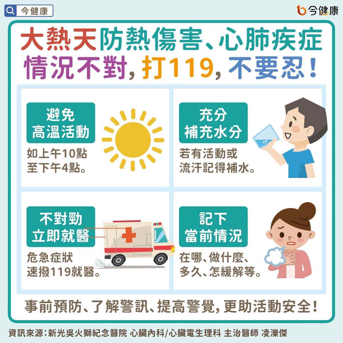 大熱天防熱傷害、心肺疾症。情況不對,打119,不要忍!