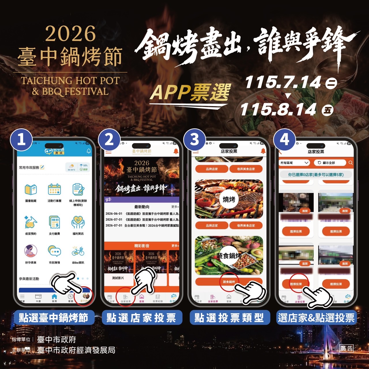 臺中市副市長鄭照新攜手人氣綜藝節目《飢餓遊戲》，共同宣傳「2026臺中鍋烤節」全民人氣票選活動，號召全國民眾踴躍下載「台中通TCPASS」APP投票支持心目中的鍋烤名店。今年市府除邀請《飢餓遊戲》主持群走訪臺中鍋烤名店拍攝宣傳外，更推出限量「飢餓遊戲主持群親筆簽名球衣」線上抽獎活動，只要完成鍋烤節投票並參加《飢餓遊戲》官方社群活動，就有機會把限量簽名球衣帶回家。