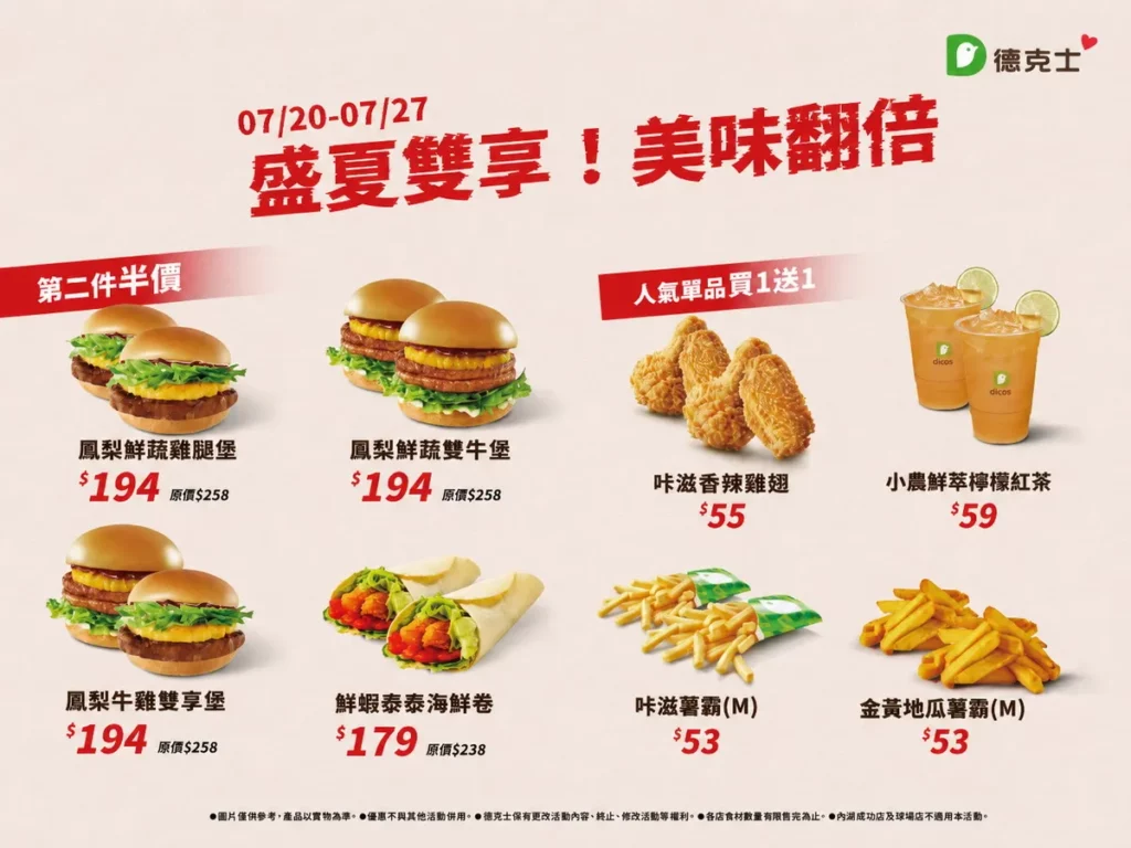 德克士限時推出第二件半價及人氣單品買1送1優惠。（圖／德克士提供）