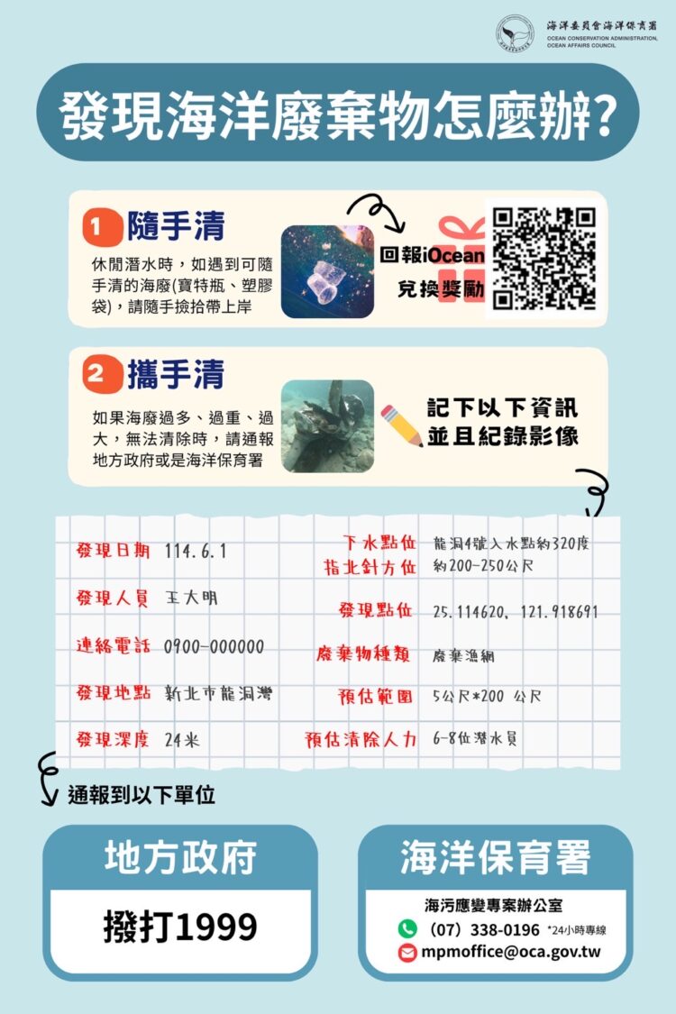海保署籲請民眾發現海洋廢棄物立即通報海廢清除網(MDCN)共守海洋環境