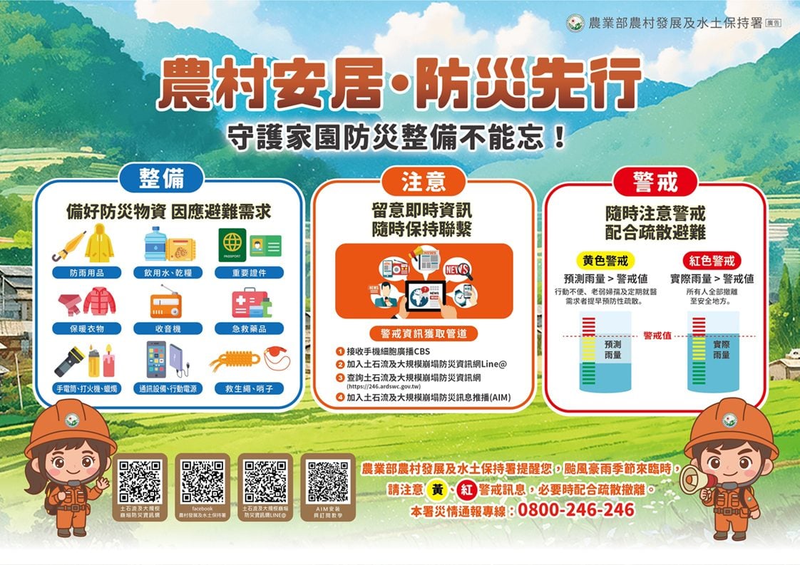 ▲農村水保署提醒您,颱風豪雨期間,請注意黃、紅警戒訊息,必要時配合疏散撤離。