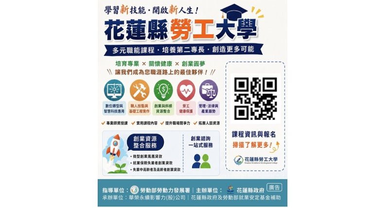 萬眾期待!花蓮縣勞工大學規劃5大類、16系列、共100場次免費實務課程 熱烈報名中