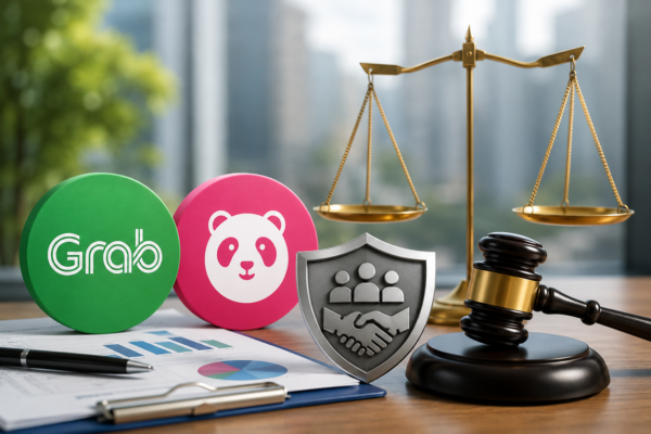 Grab與foodpanda結合案持續審查中,公平會因涉及市場競爭、股權結構及外送平台市場影響等議題,依法延長審議期間至115年10月27日。圖為外送平台與公平競爭概念示意圖。AI生成。