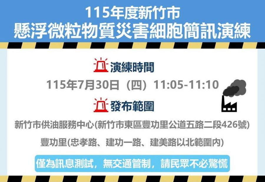 竹市府懸浮微粒災害演練7/30登場 告警簡訊發送請民眾免驚慌