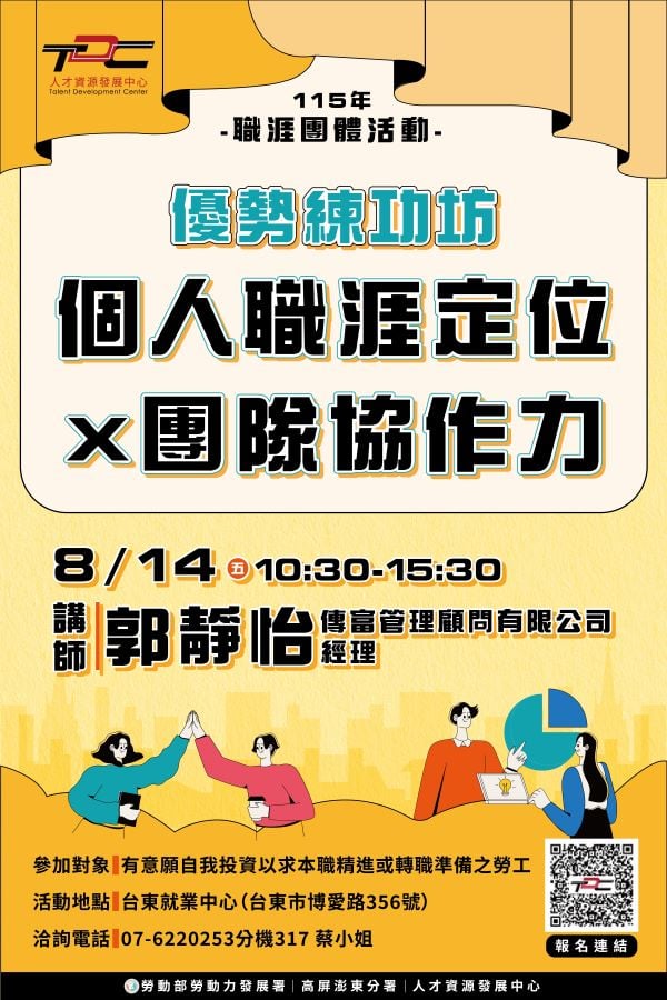 ▲勞動部人才資源發展中心將於8/14在台東就業中心辦理「優勢練功坊:個人職涯定位×團隊協作力」活動,陪伴學員認識自己的優勢、提升團隊協作能力。