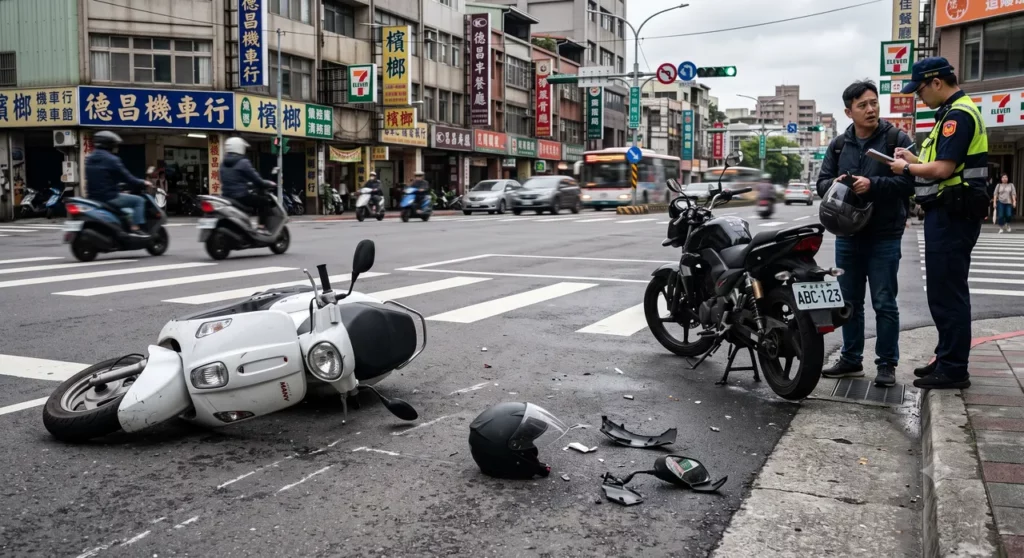 在高雄前鎮,機車騎士阿豪(化名)在一條雙向道上,被隔壁車道突然鬼切過來的重機擦撞,人車倒地、手腳多處挫傷。(相片:張奕晨律師)