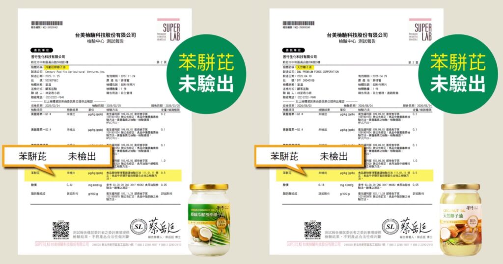 苦行生化科技出品的冷壓初榨椰子油及天然椰椰子油均未驗出苯駢芘。