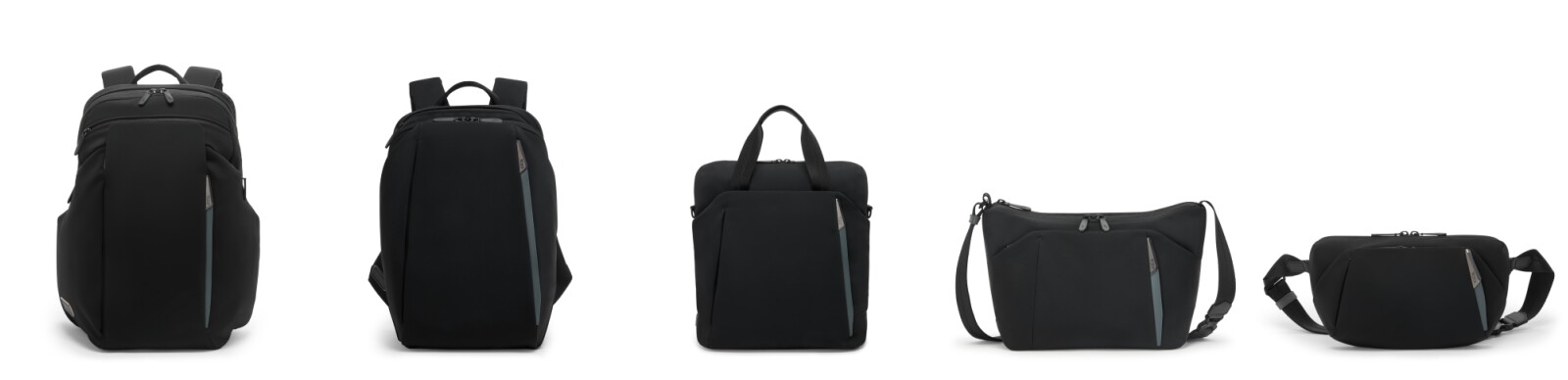 （左起）： 黑色大型背囊 25L、中型背囊 20L、中型手提袋、中型斜揹袋及中型單肩背囊