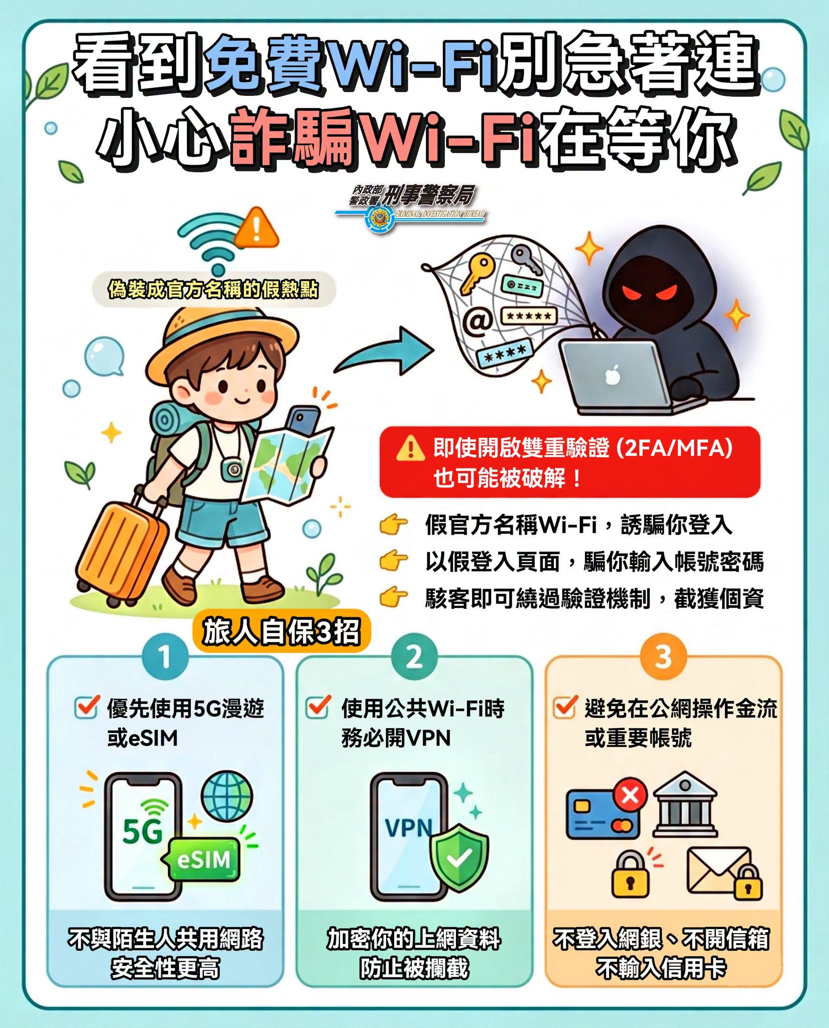 旅遊慎防假Wi-Fi!165提醒:免費網路別急著連 小心帳號、信用卡資料全外洩