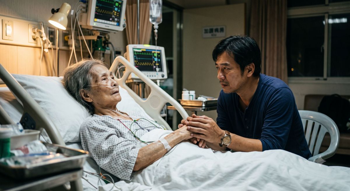 圖/在加護病房裡,阿仁緊握病榻上母親的手,母親的眼神仍努力凝望,希望失戀二十多年的小兒子能願意再見她一面。(AI示意圖,典範徵信社提供)