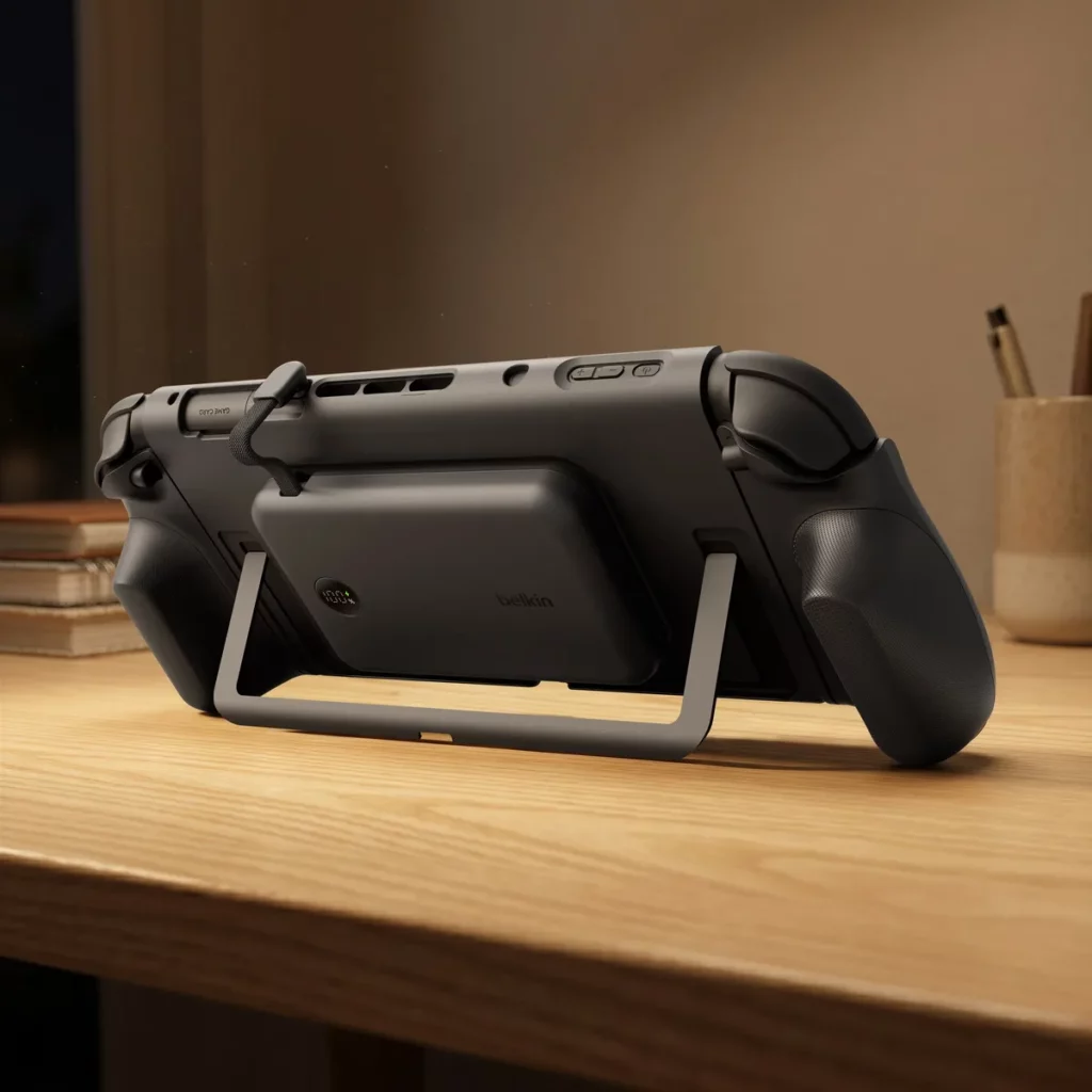 Nintendo Switch 2 磁吸充電手把殼結合人體工學握感與行動供電功能。