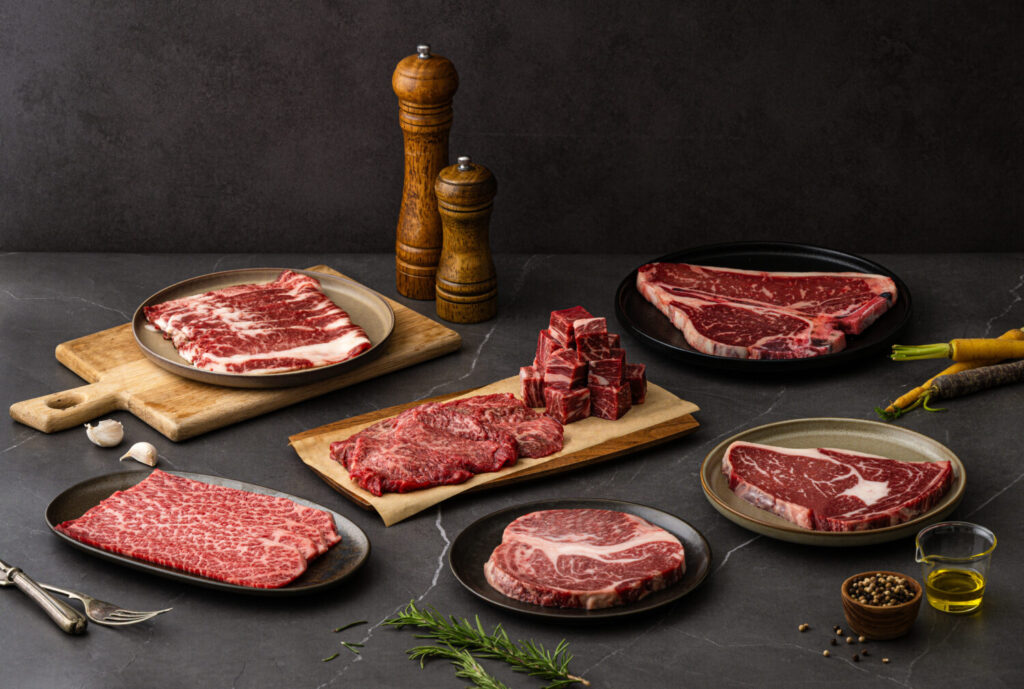富可食品展示不同部位與規格的冷藏牛肉,細緻油花令人食指大動。(圖/富可食品提供)