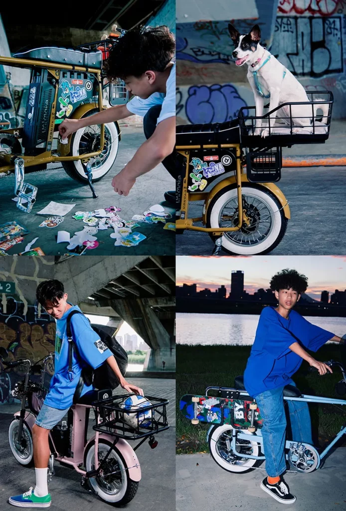 UD _70 系列(Unimoke minibike/miniswing)模組化配件:側板貼紙、後貨籃與滑板支架,隨生活自由組合