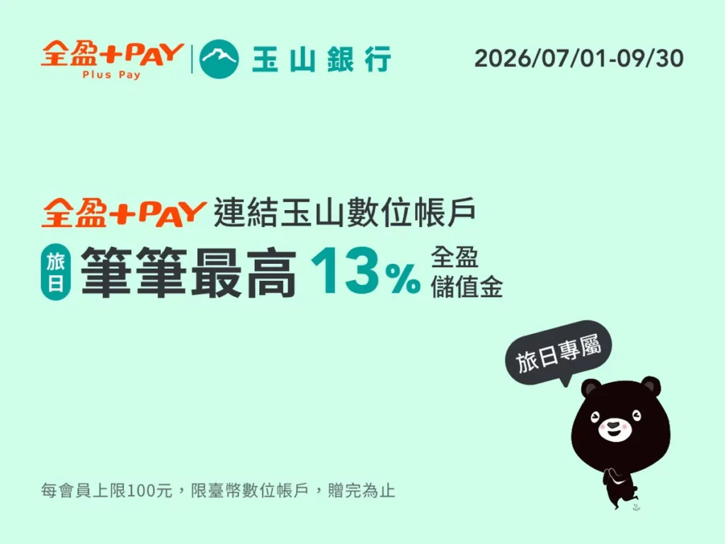 全盈+PAY 綁定玉山銀行臺幣數位帳戶並透過PayPay 付款,每筆消費享13_全盈儲值金回饋