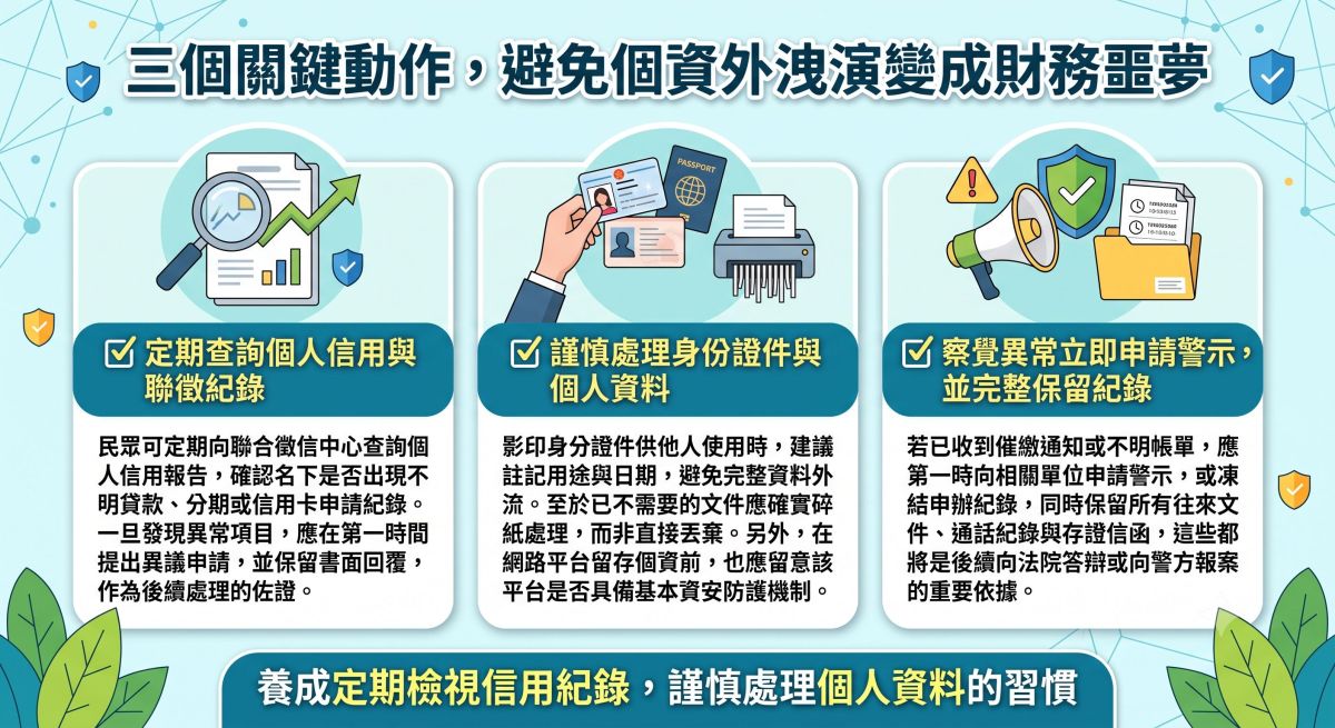 圖/個資外洩恐釀財務噩夢,民眾可透過定期查詢信用紀錄、謹慎處理身份證件、察覺異常立即申請警示三大動作,降低身份遭冒用申辦貸款的風險。(AI示意,典範徵信社提供)